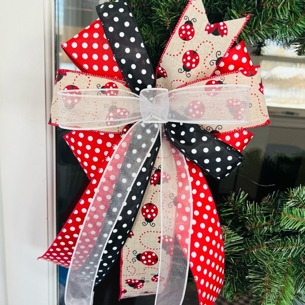 Festive Ladybug Holiday Bow - Red, Black, and White Polka Dot for Wreath